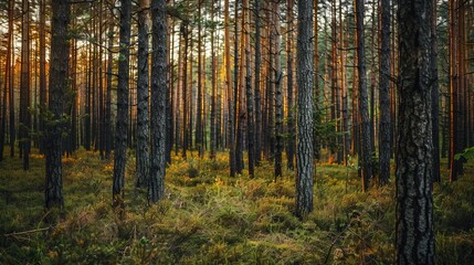 Fototapeta premium Realistic photography of coniferous forest. Abstract background of a northern forest