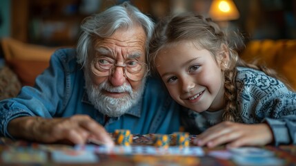 Fototapeta premium Bonding Through Generations: Grandparents Teaching Grandkids Card Games in Cozy Living Room Setting with Snacks, Fun Educational Activity