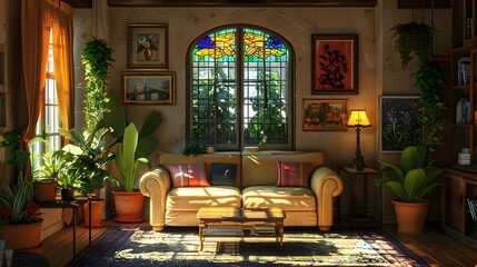 Sunlit Comfort: Spacious and Cozy Modern Living Room with Stained Glass Art Windows, Perfectly Illuminated by Natural Light