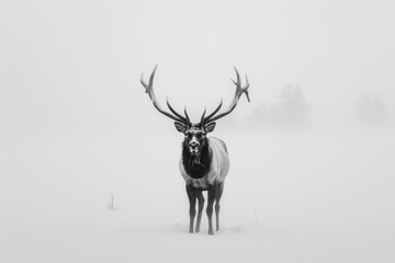 Majestic deer standing in the snow with antlers in black and white winter wildlife scene concept