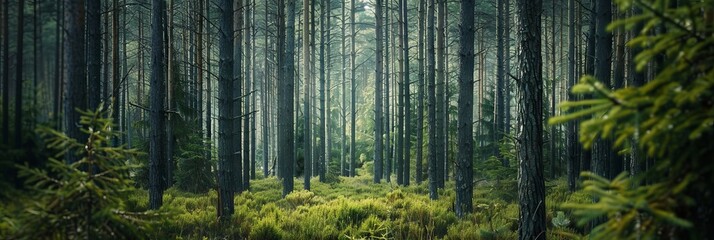 Realistic photography of coniferous forest. Abstract background of a northern forest