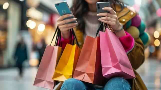 Offline shopping, colorful shopping bags, happy life, early consumption, maxing out credit cards，Colorful shopping bags, pre-consumption lifestyle, credit card transaction, 4K high resolution AI gener