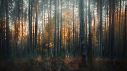 Realistic photography of coniferous forest. Abstract background of a northern forest