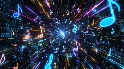 Fototapeta premium holographic musical notes floating in a dark space, moving to an unseen rhythm