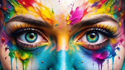 Eyes and Color Burst: Intense close-up of eyes with a burst of colorful paint splashes, isolated on...