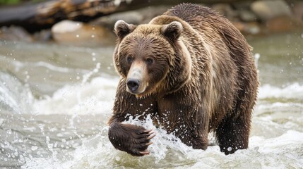 A mighty grizzly bear catching salmon in a rushing river during the annual migration 