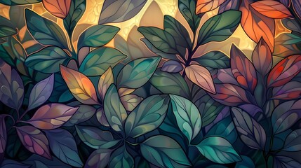 Fototapeta premium Stained Glass Art of Vibrant Leaves, Colorful and Nature-Inspired Decorative Design