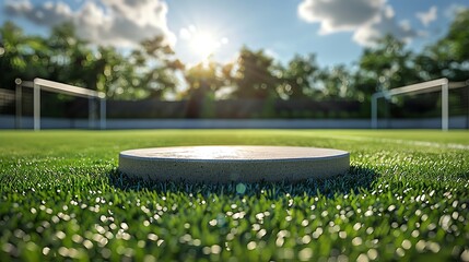 Empty pedestal on a green soccer field with blurred goals in the background.