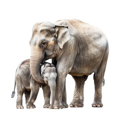 Obraz premium The elephant mother wraps her trunk around the elephant baby. Isolated on transparent background. Family, Motherhood, childhood, parent child relationship, wildlife protection concept