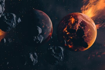 wallpaper with two planets in a colorful space and fire all over the sky