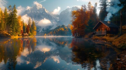 Naklejka premium Wooden House by Lake with Mountain and Forest Scenery, Serene Nature Retreat