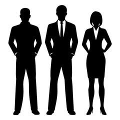 Vector silhouettes of men and a women, a group of standing and walking business people, black color isolated on white background.