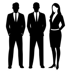 Vector silhouettes of men and a women, a group of standing and walking business people, black color isolated on white background.