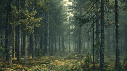 Obraz premium Realistic photography of coniferous forest. Abstract background of a northern forest