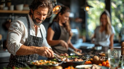 Happy Family Cooking Together in Modern Kitchen for Holiday Feast, Collaboration and Joyful Atmosphere Among Parents and Kids