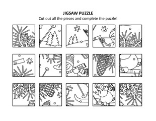 Winter sports, Christmas or New Year jigsaw puzzle with skiing snowmen. Print and cut out all the pieces to complete the puzzle.
