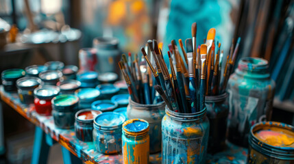 A variety of colorful paintbrushes arranged in jars in a lively, creative art studio filled with paint splatters and supplies. - Powered by Adobe