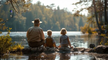 Family Bonding: Grandparents Teaching Grandchildren to Fish on Serene Sunny Day at the Lake