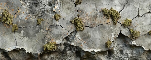 A closeup of a weathered concrete wall with natural patterns of cracks and moss growing in the crevices, Close up