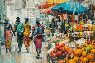 Naklejka premium A depiction of a bustling market scene, vibrantly brought to life with newspaper prints representing various goods and people, Close up