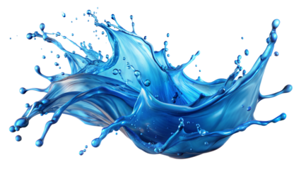 Vivid Blue Splash – Mid-Air Freeze: A vibrant blue liquid splash frozen in mid-air, creating dynamic shapes and patterns, isolated on a white background.

