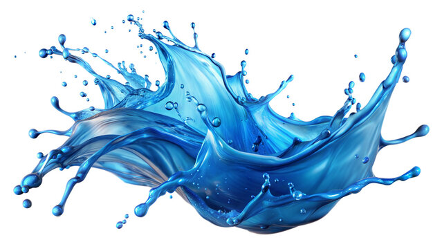 Vivid Blue Splash – Mid-Air Freeze: A vibrant blue liquid splash frozen in mid-air, creating dynamic shapes and patterns, isolated on a white background.
