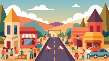A small towns main street closed to traffic as the community comes together to celebrate a special occasion with a potluck dinner and live music.. Vector illustration