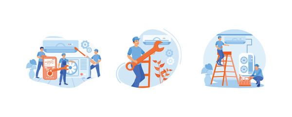 AC repairer services. AC repairman repairs and installs home air conditioners. Cooling system service. Home maintenance concept. Set flat vector illustration.