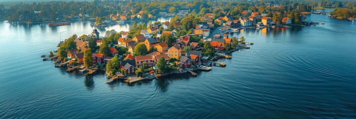 Picturesque island village surrounded by water, featuring colorful houses, lush greenery, and a tranquil ambiance, perfect for showcasing the beauty of serene coastal living.
