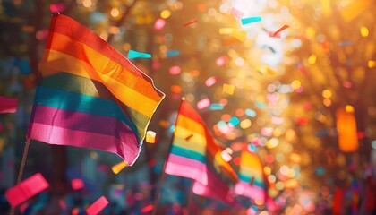Colorful rainbow flags at a festive pride parade, bathed in golden sunlight with vibrant confetti filling the air, celebrating diversity
