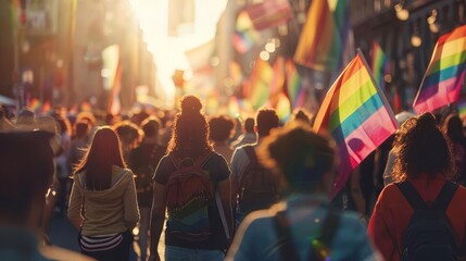 Crowd celebrating diversity at a pride parade with rainbow flags and vibrant atmosphere in a city street during sunset.