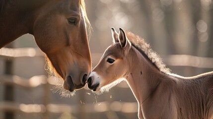 Obraz premium Capture the gentle interaction between a horse and its foal, highlighting the bond and trust between them