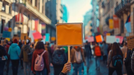 Crowd of people in the street holding signs during a peaceful protest or demonstration, with focus on one person's blank sign.