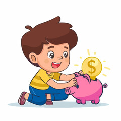 Cute Boy Saving Money in Piggy Bank Illustration
