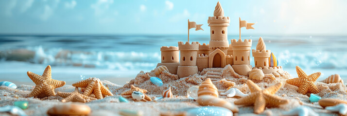 Elaborate sandcastle surrounded by colorful seashells and starfish on a sunny beach, with waves gently rolling in the background, capturing the essence of a perfect summer day.banner
