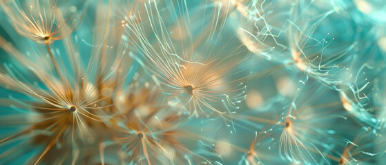 Close-up of dandelion seeds in a surreal turquoise light. Generate AI