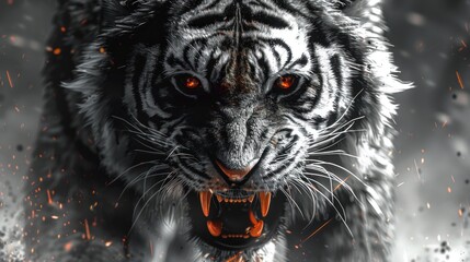 Close up view of an aggressive tiger head. Tiger, low angle photo direct face view