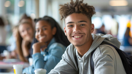 Obraz premium Happy teenagers sitting together in a school cafeteria, smiling and enjoying their time, showcasing friendship and youth.