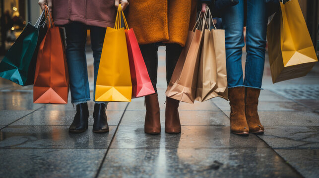 A close-up view of four people holding colorful shopping bags on a city street, highlighting a vibrant shopping experience.