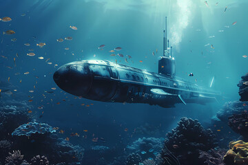 A submarine exploring the depths of the ocean, encountering strange marine life.