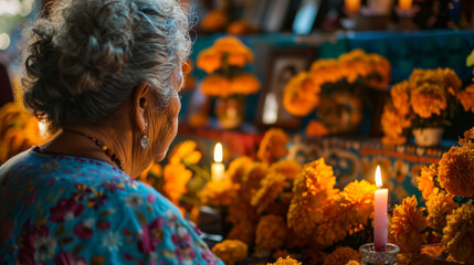 An elderly woman in traditional attire celebrates the Day of the Dead with candles and marigolds.