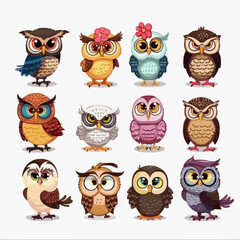 Cute Cartoon Owls Collection vector isolated on white background