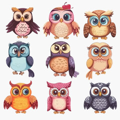 Cute Cartoon Owls Collection vector isolated on white background