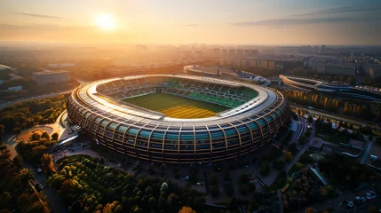 Papier peint photo  aerial view soccer stadium, modern arena, architecture design for football game. Wall Art Poster Print Design for Home Decor, Decoration Artwork, High Resolution Wallpaper and Background for Computer  © YOAQ