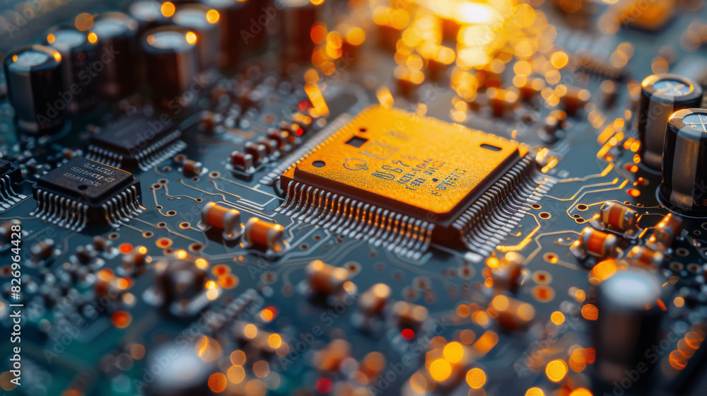 Poster macro shot of a complex electronic circuit board with vibrant glowing lights and components.