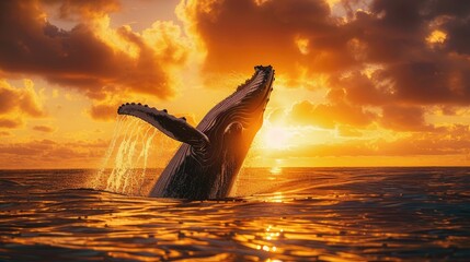 Whale breaching at sunset ocean aglow