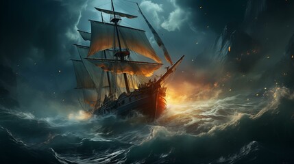 A lost ship sailing in the storm on a rough sea
