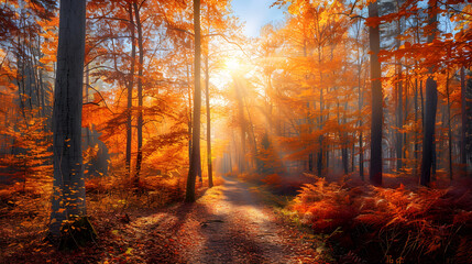 Autumn Forest: A Serene Pathway Through Vibrant Trees Bathed in Golden Sunlight, Capturing the Beauty of Nature in Fall