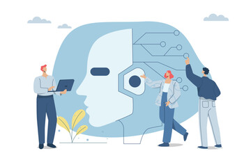 Fototapeta premium AI, Collaboration of personnel or company employees with artificial intelligence, New technological advances and innovations, Business team meeting with robot head, Vector design illustration.