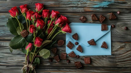 Arrangement of red roses with chocolates and blue envelope on wooden surface - Powered by Adobe